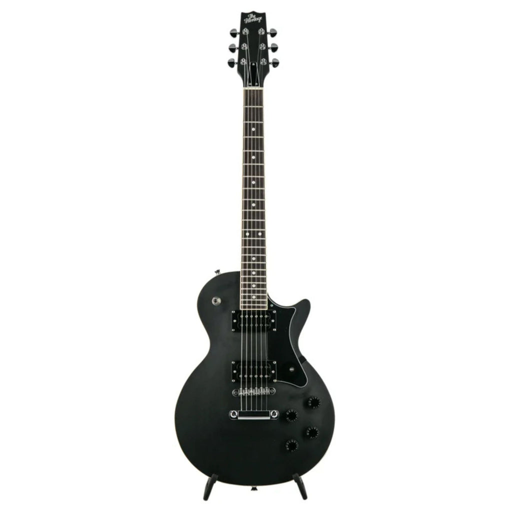 Heritage Ascent H-150 electric guitar in matte charcoal finish, showcasing a solid body, control knobs, and dual humbucker pickups.