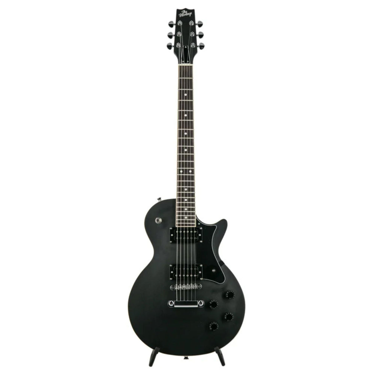 Heritage Ascent H-150 electric guitar in matte charcoal finish, showcasing a solid body, control knobs, and dual humbucker pickups.