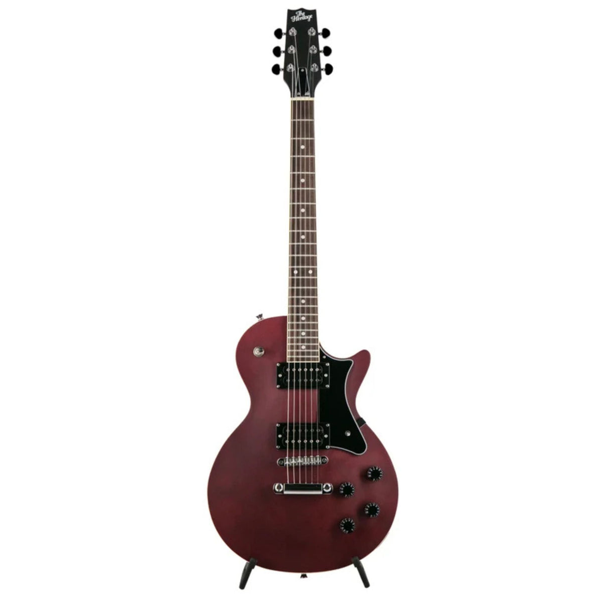 Heritage Ascent H-150 electric guitar in matte burgundy with a solid body, dual humbucker pickups, and vintage-style tuning pegs.