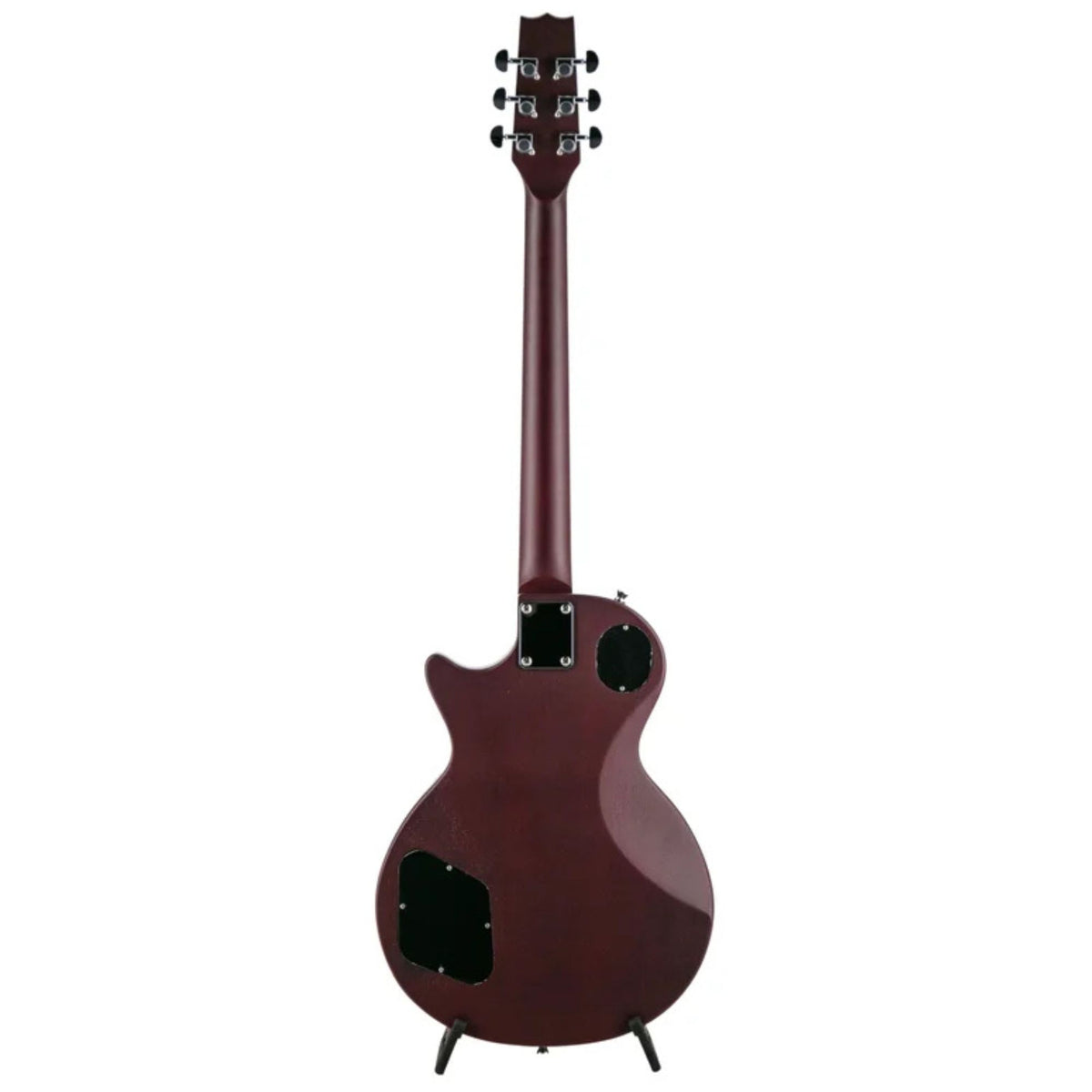 Heritage Ascent H-150 electric guitar in matte burgundy with gold hardware and humbucker pickups, showcased on a stand.