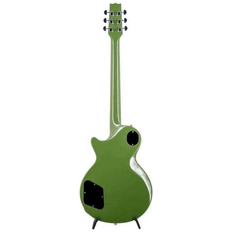 Heritage Ascent+ H-137 electric guitar in olive drab color, showcasing its solid body, pickups, and sleek design.