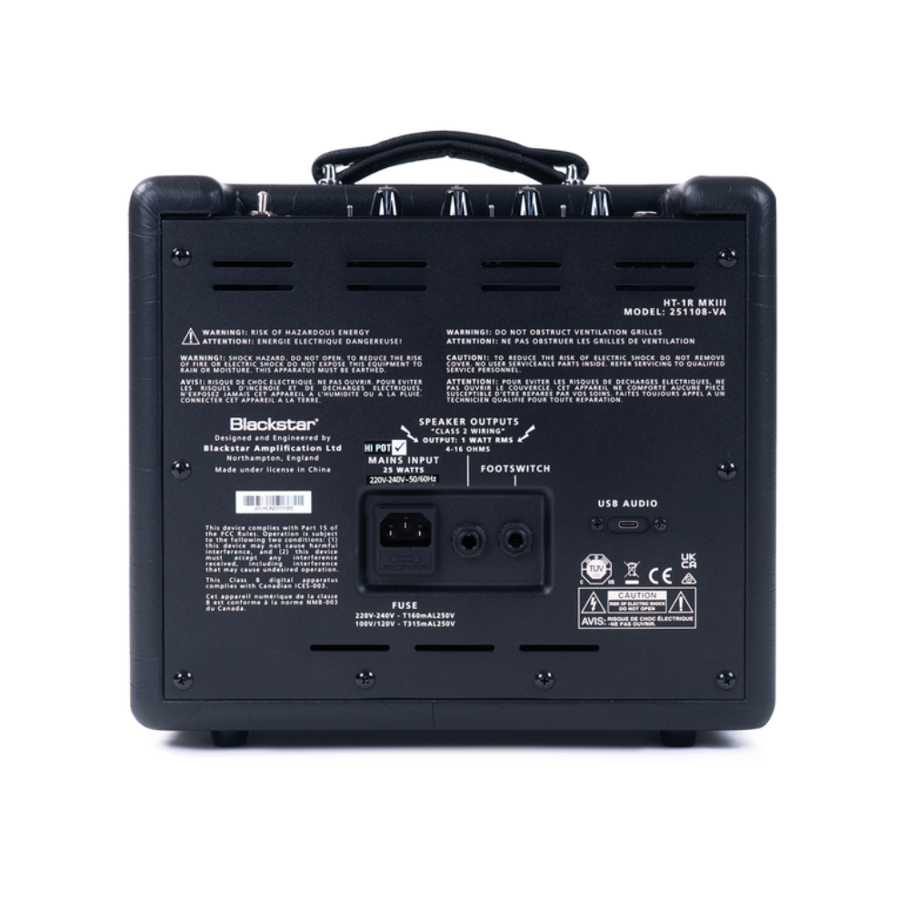 Blackstar HT-1R MkIII 1x8 1W valve guitar combo amplifier with built-in reverb and USB output, shown from front angle.