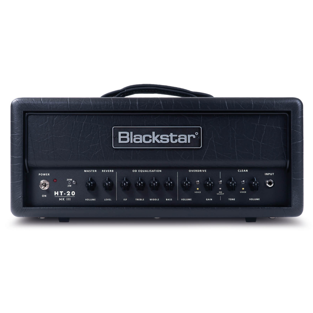 Blackstar HT-20RH-MKIII 20W valve guitar amplifier head with control knobs and input jacks, ready for musical performance.