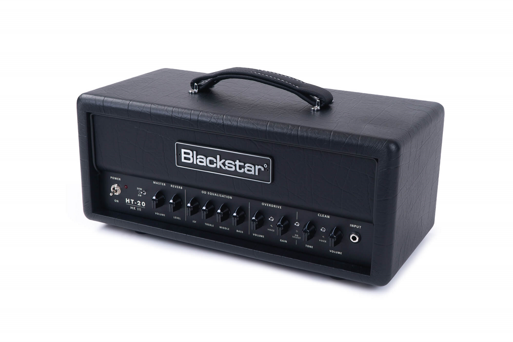 Blackstar HT-20RH-MKIII 20W valve guitar amplifier head with control knobs and input jacks, designed for electric guitar.