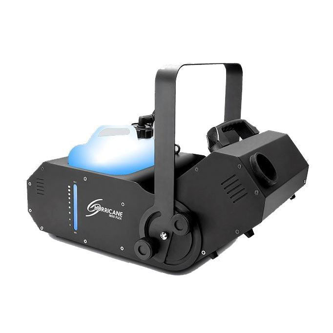 Chauvet Hurricane 1800 FLEX MK2 smoke machine with flexible output nozzle in a dimly lit setting, producing thick smoke.