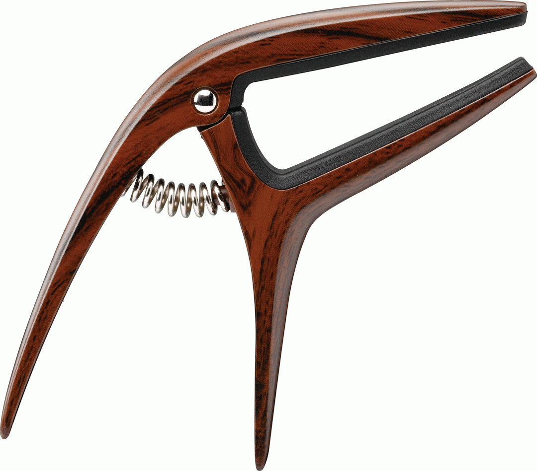 Ibanez ICGC10W wooden finish universal guitar capo resting on a guitar neck, showcasing its sleek design and adjustable clamp.
