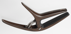 Ibanez ICGC10W wooden finish universal guitar capo clipped on guitar neck, showcasing its smooth wooden design and adjustable clamp.