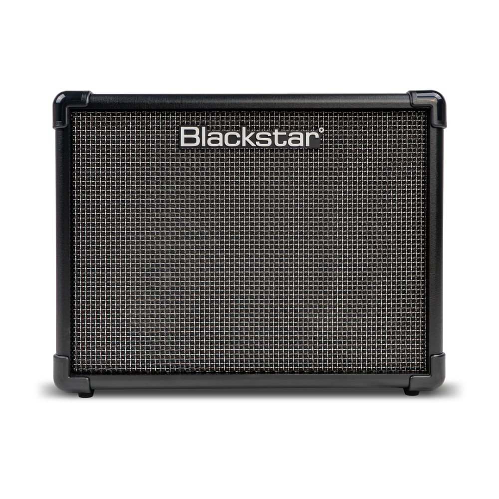 Blackstar ID Core 20 V4 stereo guitar amplifier with control panel and speaker grille, compact black design for practice and small gigs.