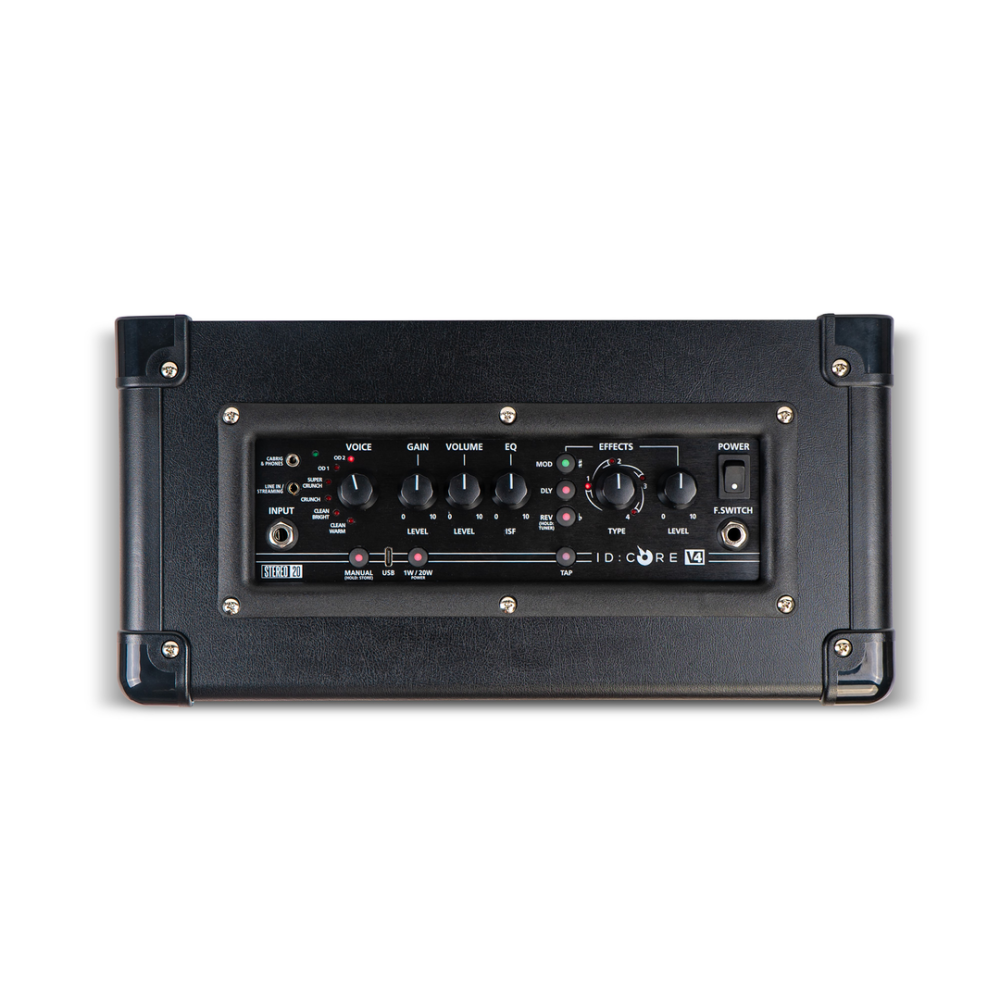 Blackstar ID Core 20 V4 stereo guitar combo amplifier with control knobs and speaker grille visible.