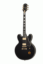 Epiphone B.B. King Lucille semi-hollow body electric guitar in ebony finish with Epilite case, showcasing its sleek design and hardware.