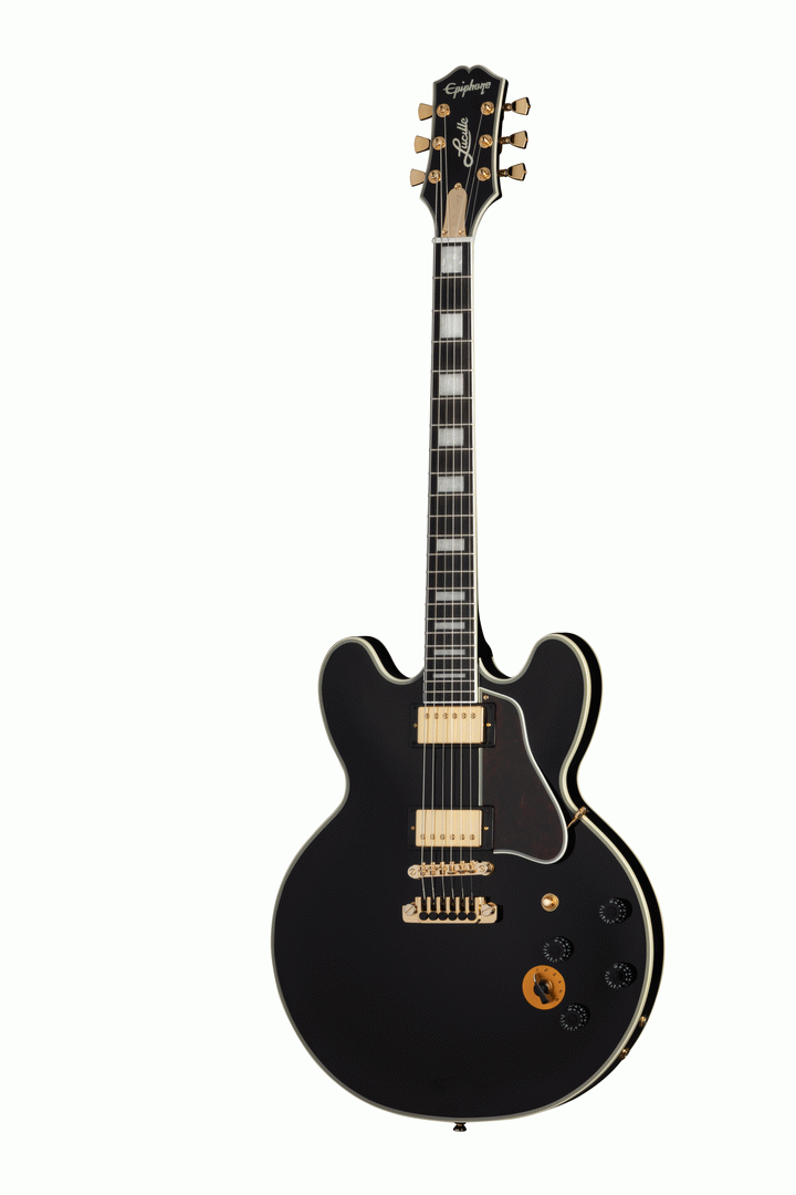 Epiphone B.B. King Lucille semi-hollow body electric guitar in ebony finish with Epilite case, showcasing its sleek design and hardware.