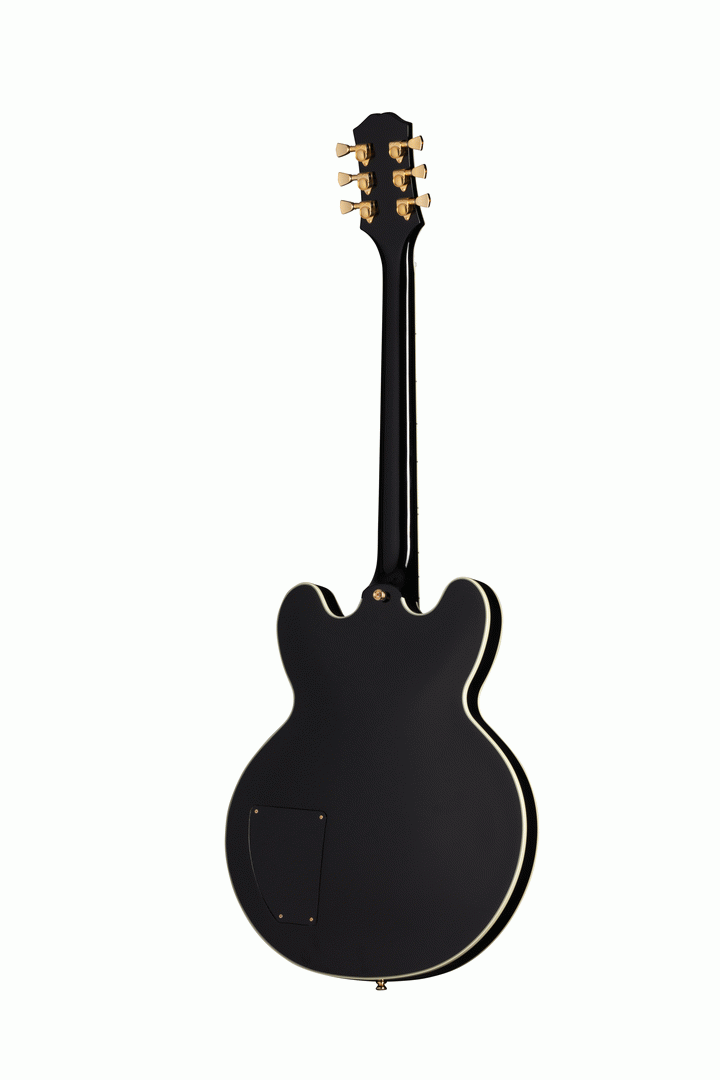 Epiphone B.B. King Lucille semi-hollow electric guitar in ebony finish with Epilite case, showcasing the guitar's body and hardware.