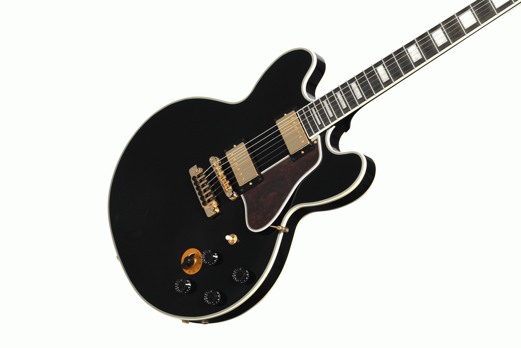 Epiphone B.B. King Lucille semi-hollow body electric guitar in Ebony with Epilite case, showcasing the guitar's sleek design and hardware.