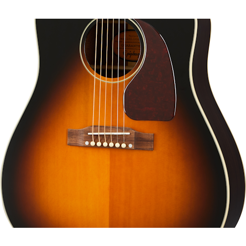 Epiphone J-45 EC acoustic guitar in aged vintage sunburst finish, showcasing its glossy wood body and classic design.