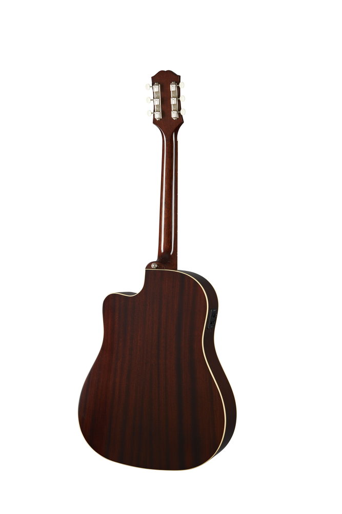 Epiphone J-45 EC acoustic guitar in aged vintage sunburst finish, glossy wood body with detailed craftsmanship.