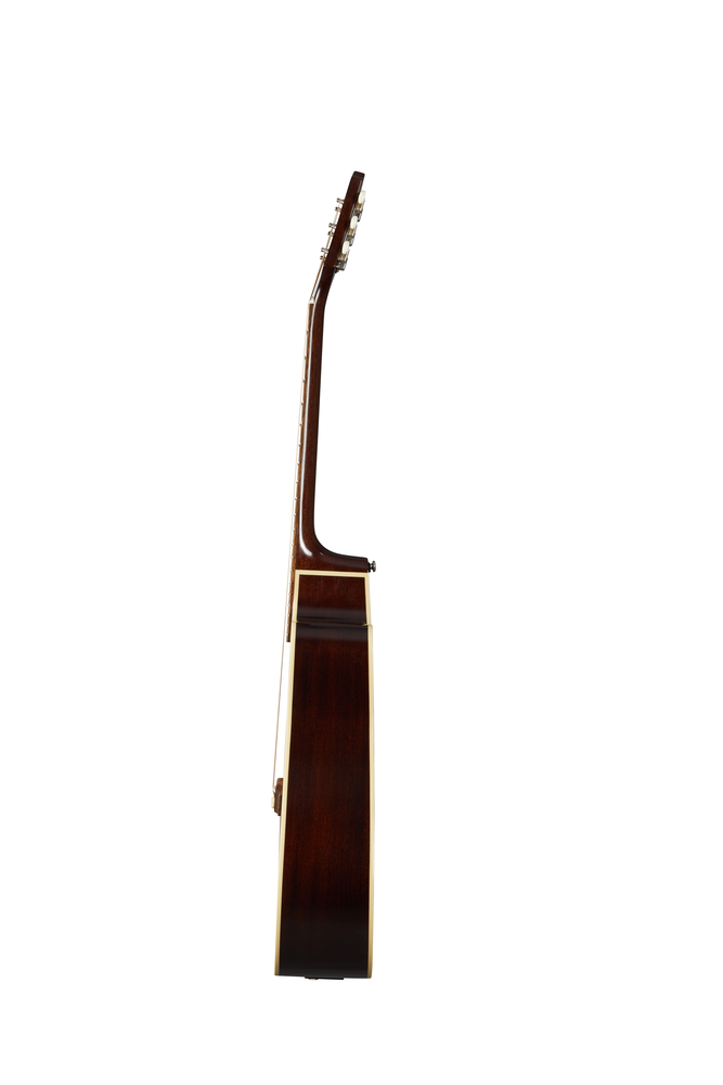 Epiphone J-45 EC acoustic guitar with aged vintage sunburst finish and glossy wood body, displayed against a neutral background.