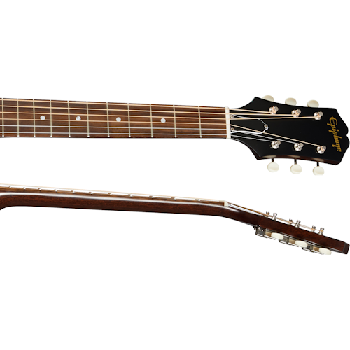 Epiphone J-45 EC vintage sunburst gloss acoustic guitar with a cutaway body and sunburst finish, showing detailed wood grain and tuning pegs.