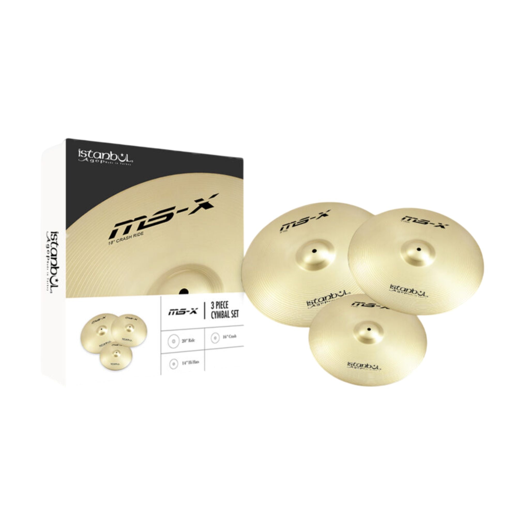 Istanbul Istanbul Agop Ms-X set of three single cymbals with 14, 16, and 20-inch sizes, featuring a polished finish.