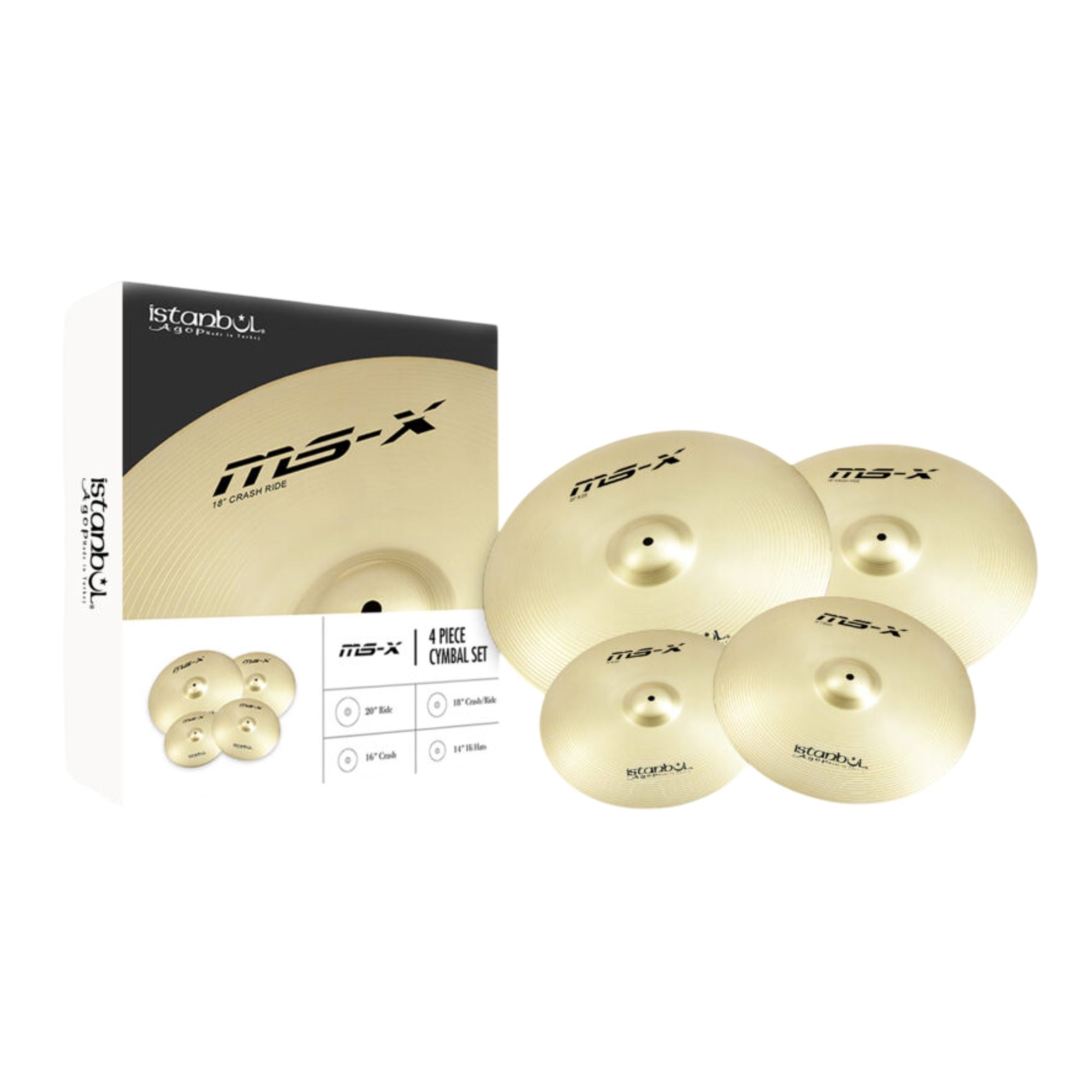 Istanbul Agop MS-X set of single cymbals including 14-inch hi-hats, 16-inch crash, 20-inch ride, and 18-inch crash cymbal on a stand