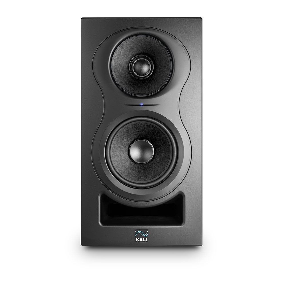 Kali Audio IN-5 5-inch 3-way nearfield studio monitor speaker showing front grille and control panel.
