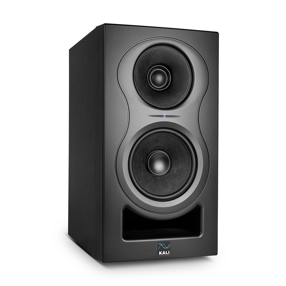 Kali Audio IN-5 5-inch 3-way nearfield studio monitor speaker, front view showing black enclosure and speaker grille.