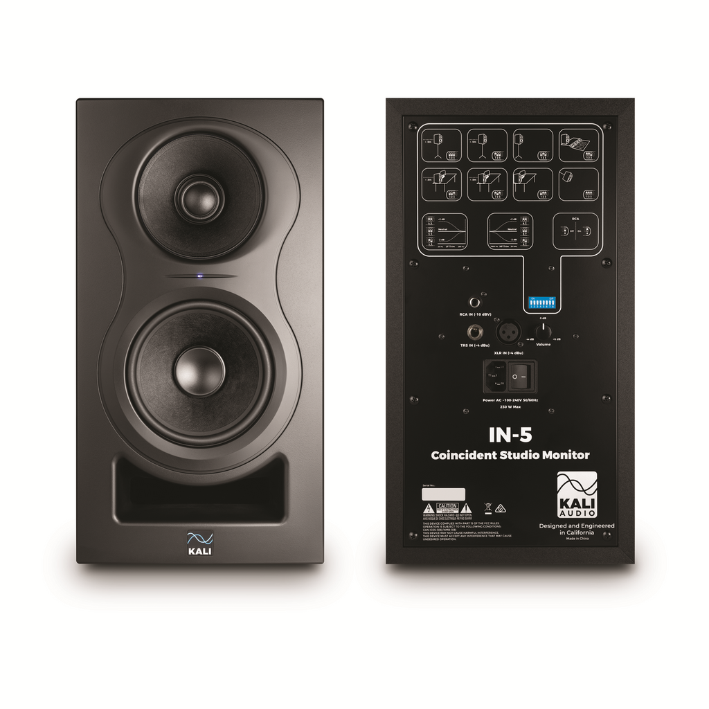 Kali Audio IN-5 5-inch 3-way nearfield studio monitor speaker, showing the front view with speaker grille and control panel.
