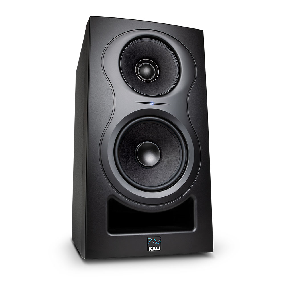 Kali Audio IN-5 5-inch 3-way nearfield studio monitor speaker showing its front grille and sleek black design.