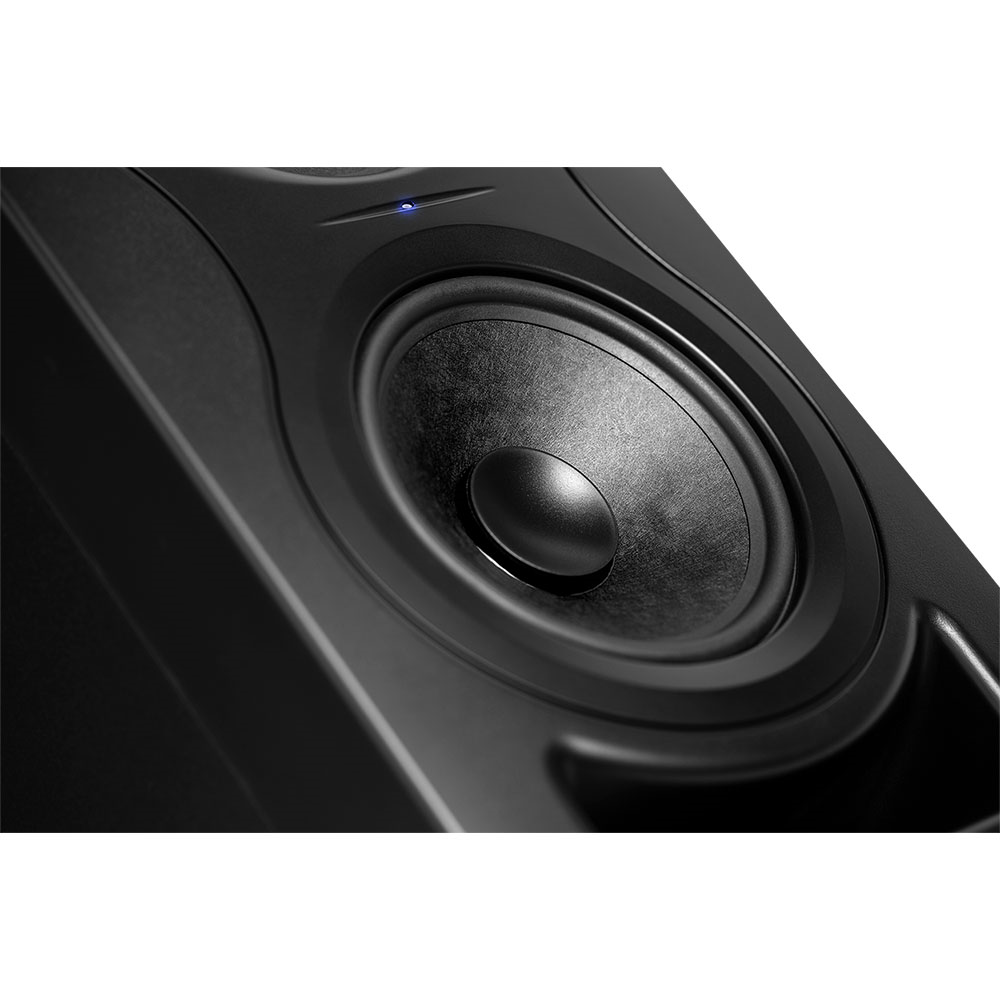 Kali Audio IN-5 5-inch 3-way nearfield studio monitor speaker showing front view with speaker grille and controls.