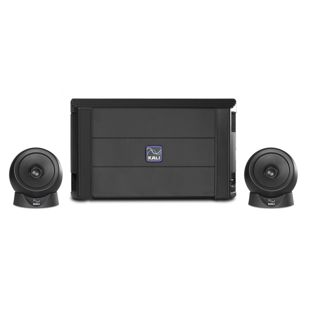 Kali Audio IN-UNF Ultra Nearfield 3-way studio monitor system with black finish and detailed speaker components.
