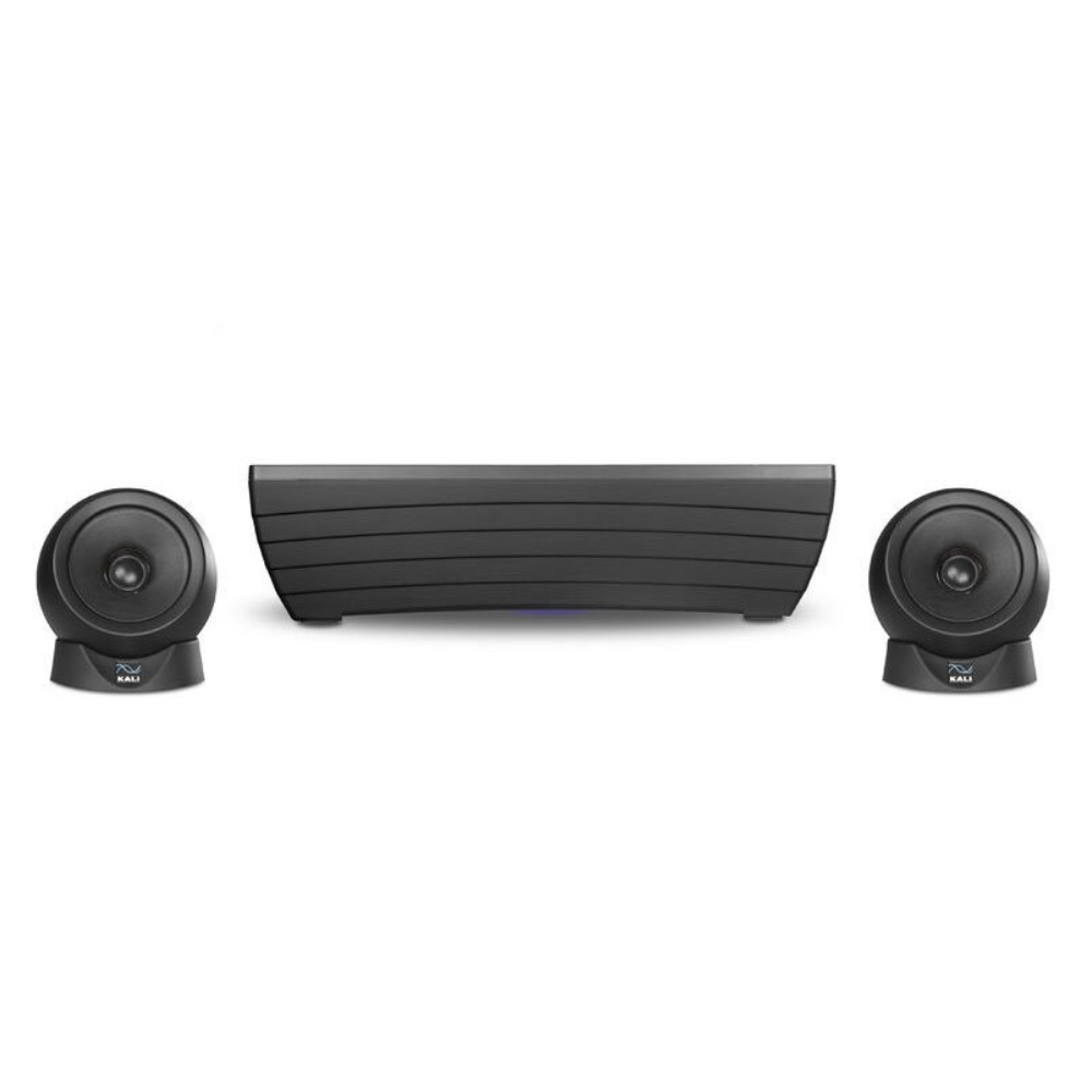 Kali Audio IN-UNF Ultra Nearfield 3-way studio monitor system with sleek black finish and detailed drivers.