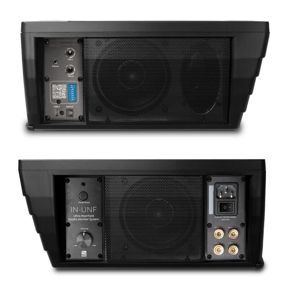 Kali Audio IN-UNF Ultra Nearfield 3-way studio monitor system with sleek black speakers and adjustable stands.