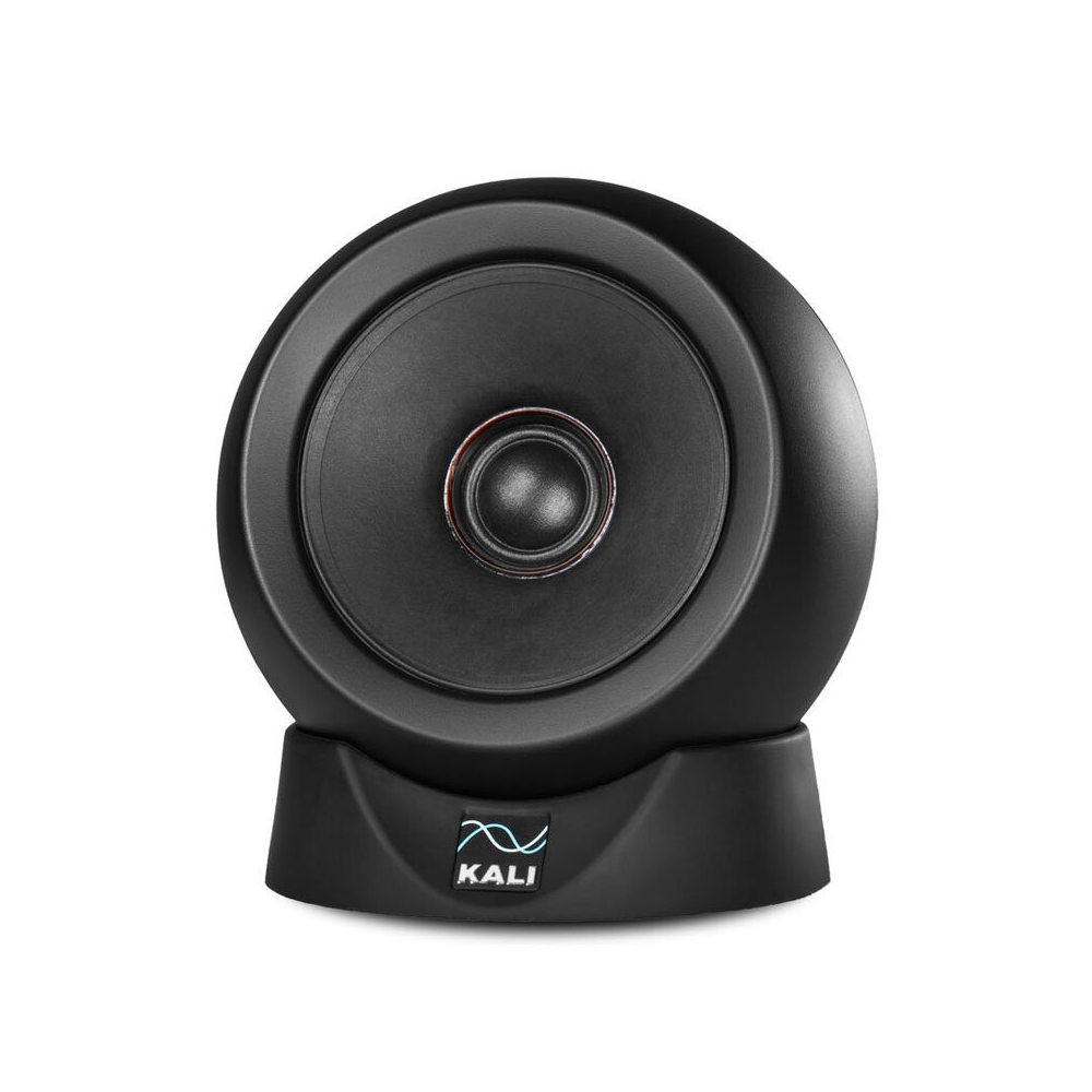 Kali Audio IN-UNF Ultra Nearfield 3-way studio monitor system with sleek black finish and detailed speaker drivers.