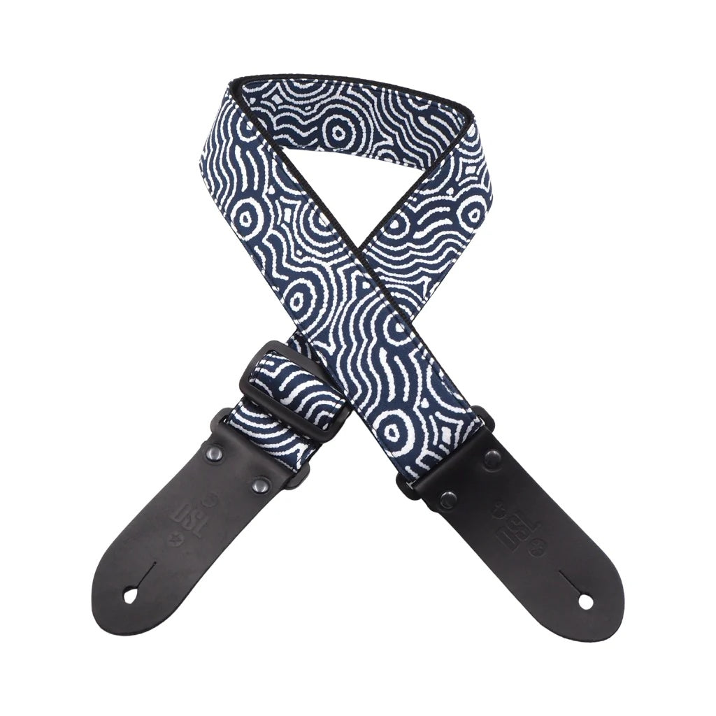 Blue Dreaming DSL Straps guitar strap in black with blue accents, 2 inches wide, designed for comfortable instrument support.