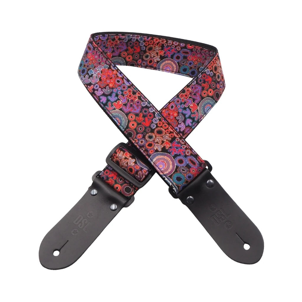 Black DSL Straps Emu Dreaming guitar strap, 2-inch wide, featuring detailed design, for comfortable instrument support.