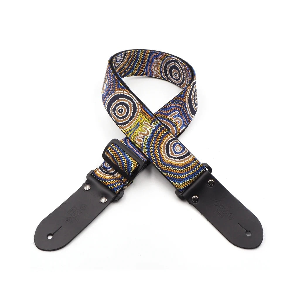 Black DSL Straps Mina Mina Dreaming guitar strap, 2-inch wide, featuring intricate design, adjustable for comfortable playing.