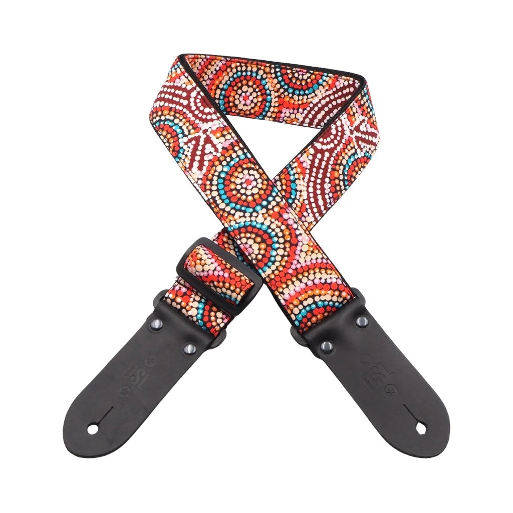 Red Kangaroo guitar strap by DSL Straps, 2-inch wide, showcasing adjustable black leather ends and vibrant red fabric strap.