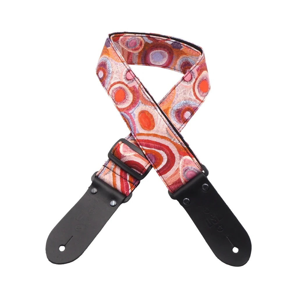Black DSL Straps Spice Dreaming guitar strap, 2-inch wide, with detailed pattern and adjustable length for comfortable playing.