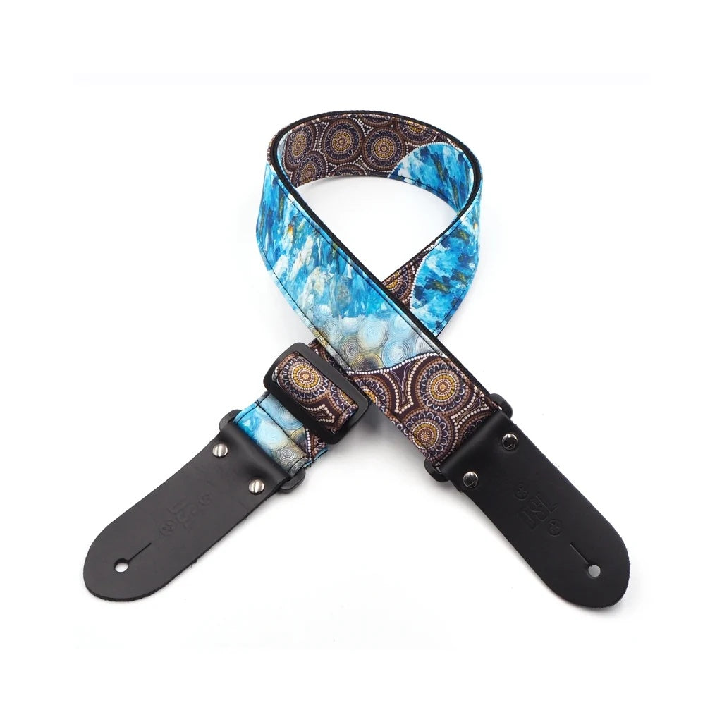 Black DSL Straps The Beach guitar strap, 2-inch wide, with a stylish design, shown on a guitar in this image.