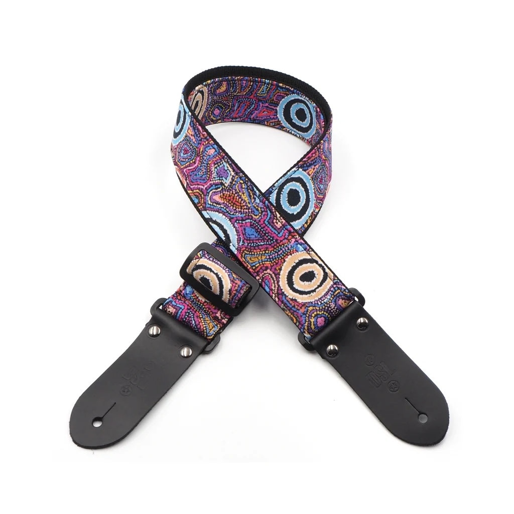 Black DSL Straps Yumari Dreaming 2-inch guitar strap with intricate design, ideal for comfortable, stylish instrument support.