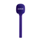 RODE Interview GO handheld adaptor for Wireless GO microphone system, purple color, compact microphone accessory in close-up view.