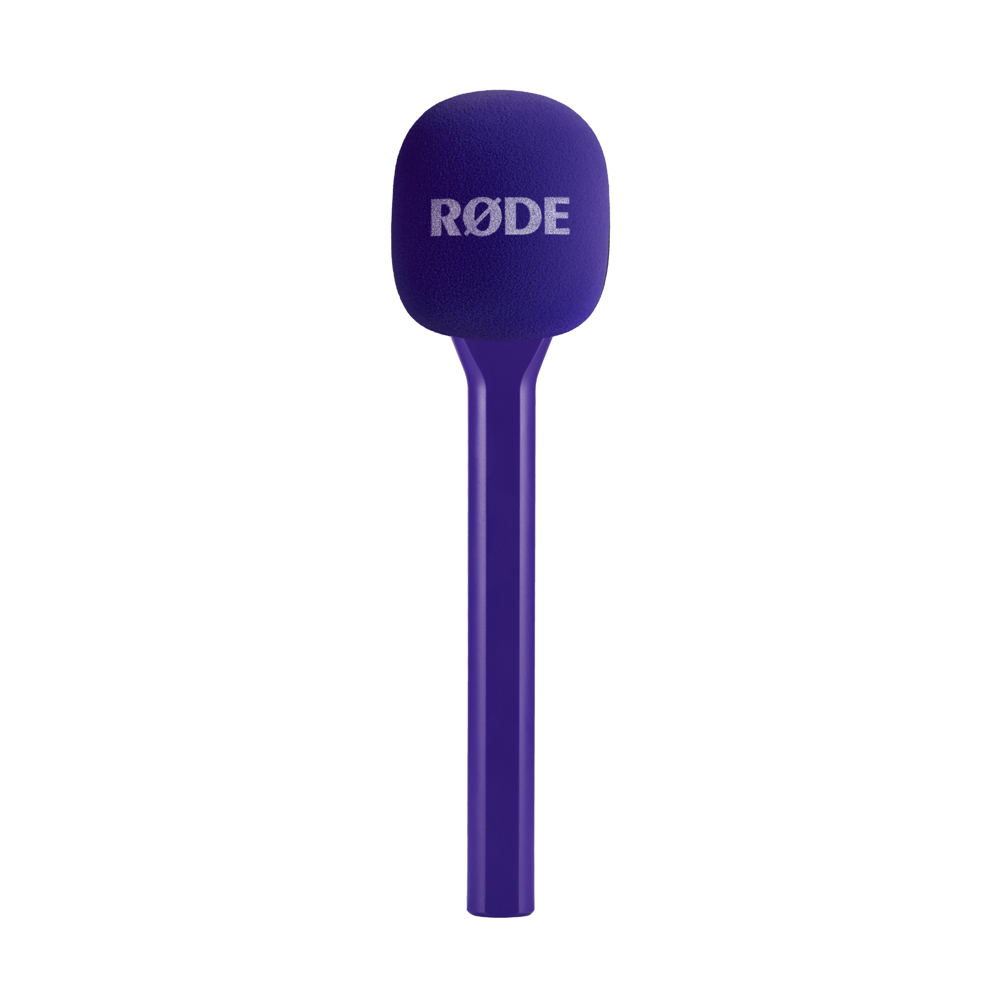 RODE Interview GO handheld adaptor for Wireless GO microphone system, purple color, compact microphone accessory in close-up view.