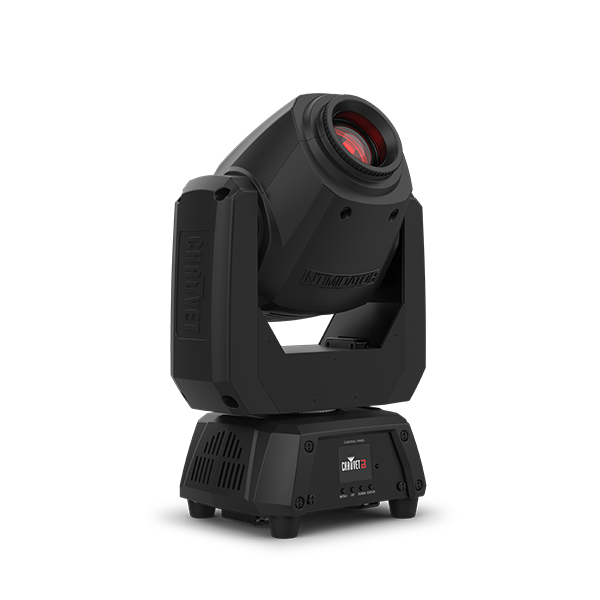 Black Chauvet DJ Intimidator Spot 260X moving stage light with adjustable lens and mounting bracket, ready for professional lighting setups.
