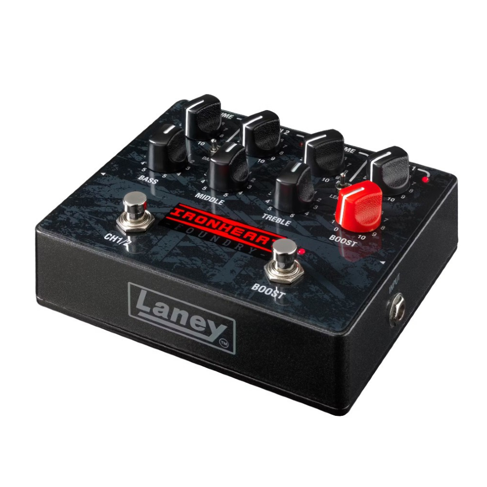 Laney Ironheart LOUD pedal amplifier effects pedal with control knobs and input jack, designed for guitar effects processing.