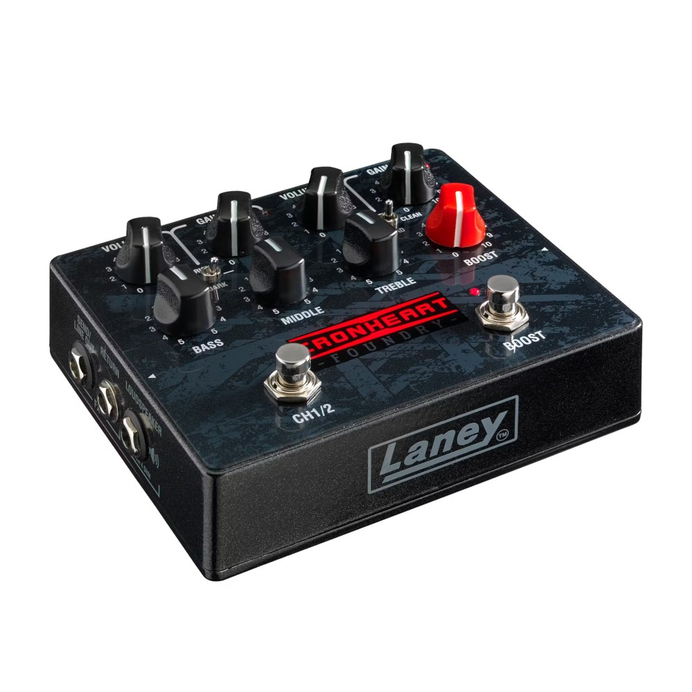 Laney Ironheart LOUD effects pedal amplifier, compact guitar effects pedal with metal enclosure, black and silver design.