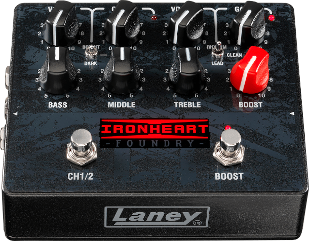 Laney Ironheart LOUD effects pedal amplifier with footswitch, compact guitar effects pedal for enhanced sound control.