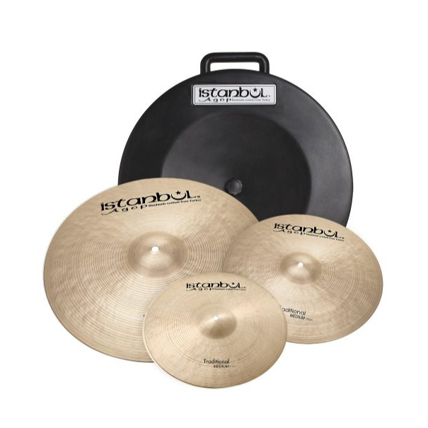 Istanbul Agop Traditional Cymbal Set with a hard case, featuring a single cymbal on a stand, showcasing polished brass finish and brand logo.