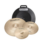 Istanbul Agop traditional cymbal set with a hardcase, featuring single cymbals arranged on a drum rack for percussion performance.