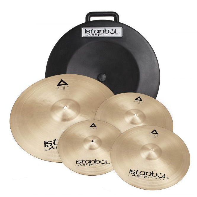 Istanbul Istanbul Agop Xist Power Cymbal Set with 14, 16, 20-inch and 18-inch cymbals in a hard case, showcasing their bronze finish and sizes.
