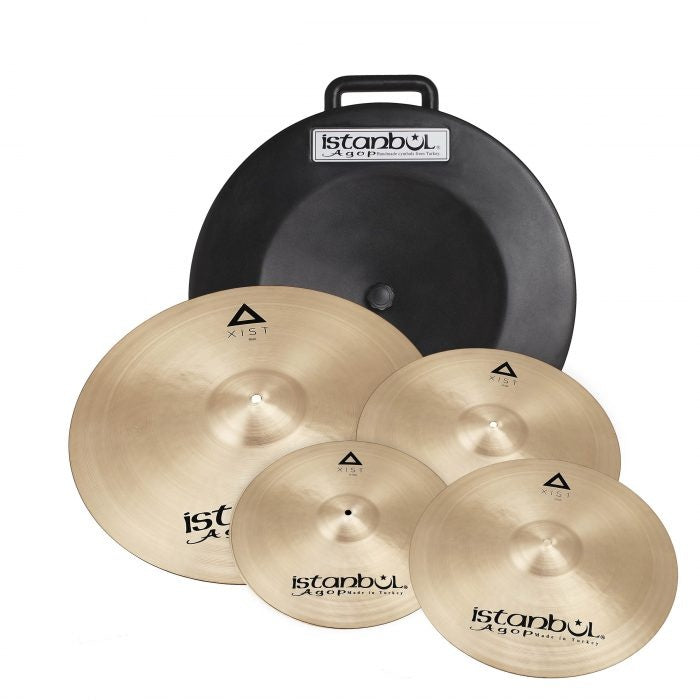Istanbul Agop Xist cymbal set with 14-inch, 16-inch, 18-inch crash, and 20-inch ride cymbals in a hard case, featuring a shiny finish.