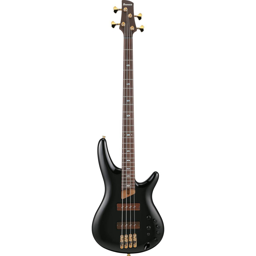 Black Ibanez SR3500BK Prestige electric bass guitar with case, featuring sleek body and four-string design.